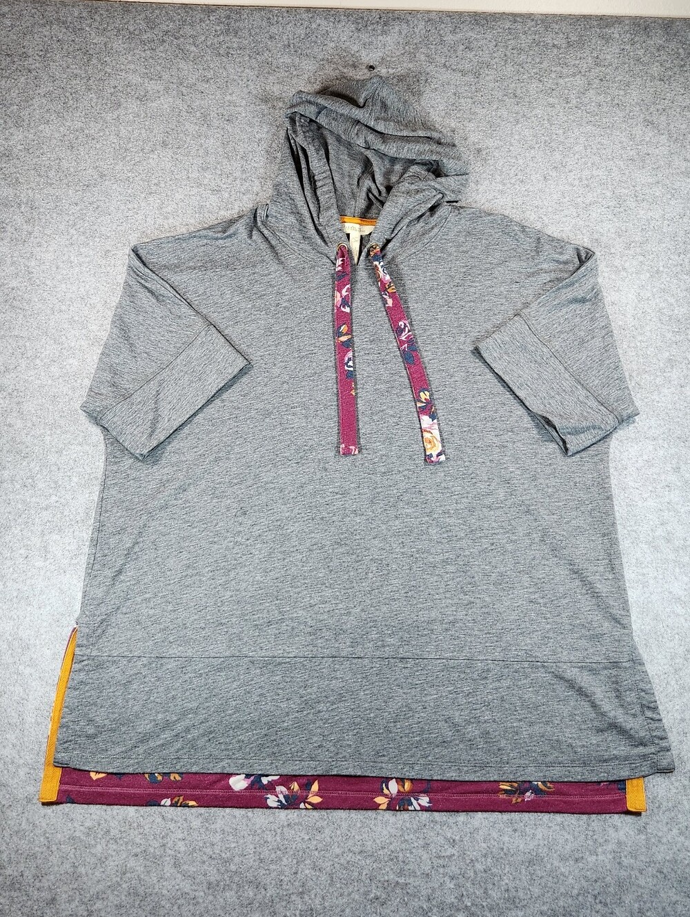 Matilda Jane Women's Gray Hooded Short-Sleeve Top with Maroon Floral Trim Large
